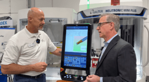 Advanced 5 axis CNC grinding machine with Helitronic Tool Studio software, handling various tool sizes up to 4 inches in diameter for precision manufacturing.